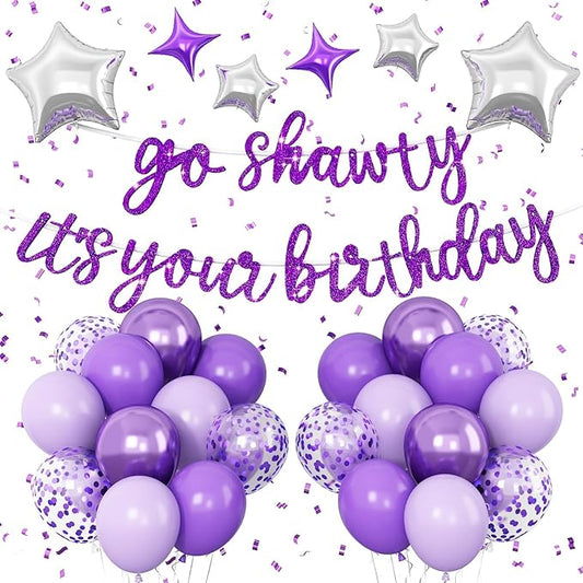 Purple Go Shawty It's Your Birthday Banner Balloons Set, Glitter Happy Birthday Banner with Purple Silver Confetti Balloon Star Foil Balloon for Girls Women Hip Hop Rap Theme Birthday Party Decoration