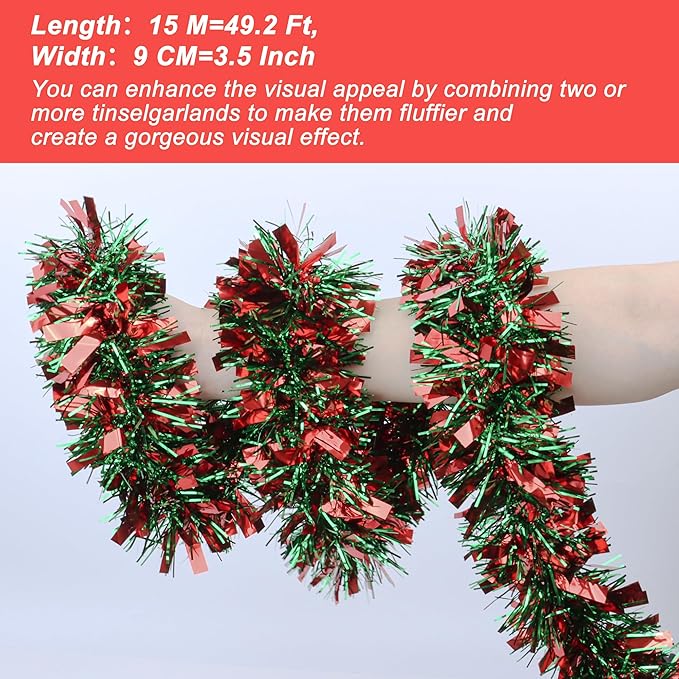 50 Ft Red & Green Christmas Tinsel Garland Metallic Twist Shiny Hanging Garland for Christmas Tree Decorations Xmas Holiday Decor for Home Indoor Outdoor Party Supplies (Red & Green)