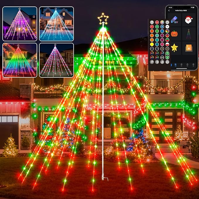 13Ft 622LEDs Outdoor Christmas Lights Yard Decor, Smart Color Changing RGB Flag Pole Christmas Tree Light, App/Remote Control, Timer, Dimmer, Group Control, Waterproof, Large Outside Xmas Decor
