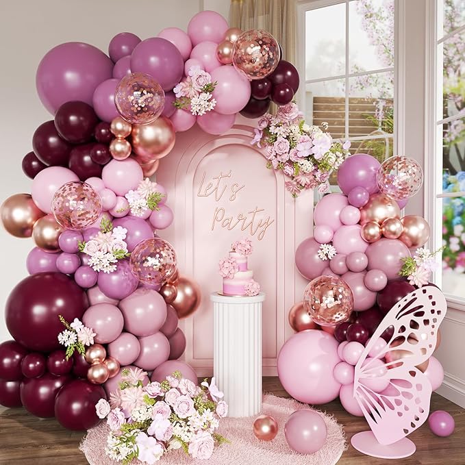 Retro Burgundy Balloon Arch Kit, 171Pcs Double-stuffed Dusty Pink Lavender Rose Pink Rose Gold Confetti Balloons for Baby Bridal Shower Wedding Engagement Birthday Party Decorations