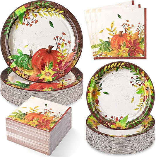 Homlouue 200 Pcs Fall Paper Plates and Napkins, Thanksgiving Plates and Napkins Sets, Fall Pumpkins Plate Disposable Party Supplies, Heavy Duty Thanksgiving Paper Plate Disposable (9" & 7" Plates)