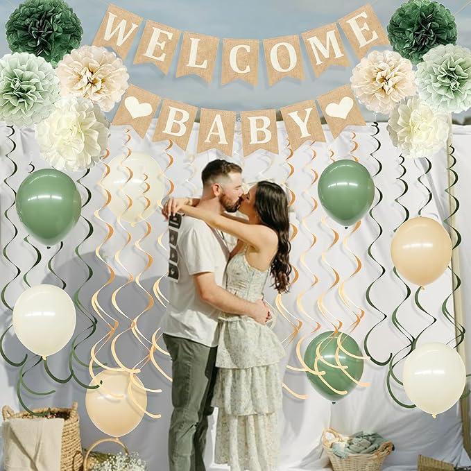 Baby Shower Party Decorations Kit Welcome Baby Heart Burlap Banner with Sage Green Tissue Flowers Pom Pom Felt Swirl Cheesecloth Table Runner Balloons for Neutral Party Decorations Supplies