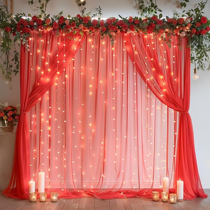 20ft x 10ft Red Backdrop Curtain with Lights String for Parties, Sheer Tulle Wedding Photo Backdrops Drapes for Baby Shower Birthday Party Decorations Background for Photography