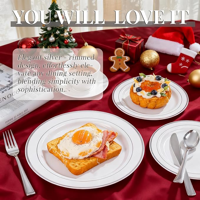 350Piece Silver Plastic Dinnerware Set for 50 Guests - Silver Plastic Plates with Cutlery Include:50Dinner Plates-50Dessert Plates-50Pre Rolled Napkins with Silverware for Christmas