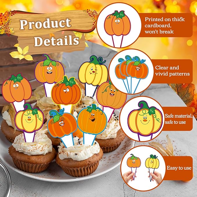 24 Pieces Thanksgiving Pumpkin Happy Birthday Cupcake Toppers Autumn Pumpkin Thanksgiving Party Decorations Cake Toppers Cupcake Toppers Party Supplies Decorations for Baby Shower Boys Girls