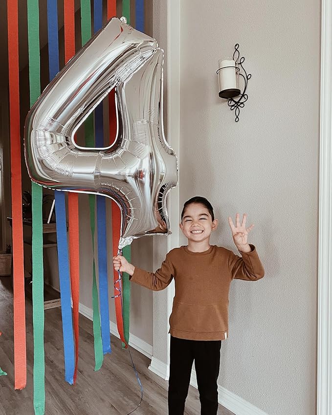 Silver Number 4 Balloon 40 Inch, 4th Birthday Party Decorations for Children, Giant 4 Foil Balloon for Party Supplies