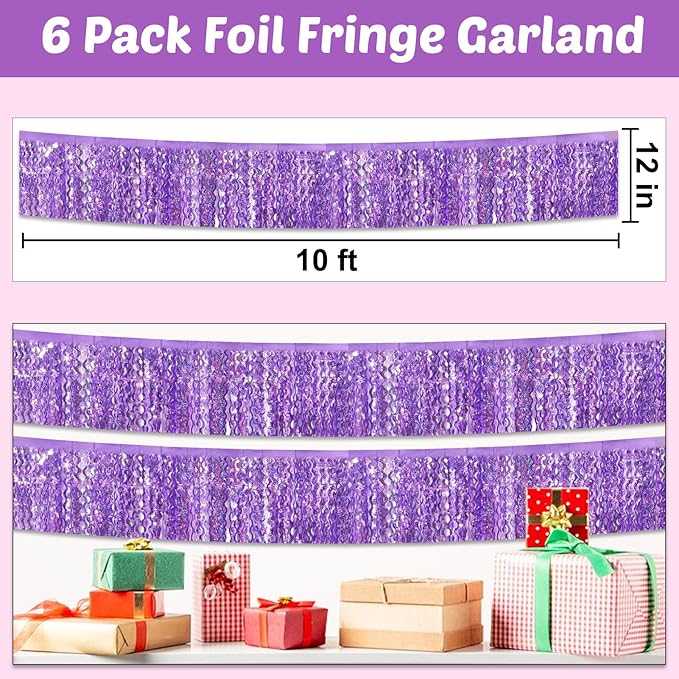 6 Pack 10 Feet Light Purple Wave Foil Fringe Garland Metallic Tinsel Streamers Banner Wall Hanging Curtain Backdrop for Parade Floats, Mother's Day, Easter, Bachelorette, Wedding Party Decoration