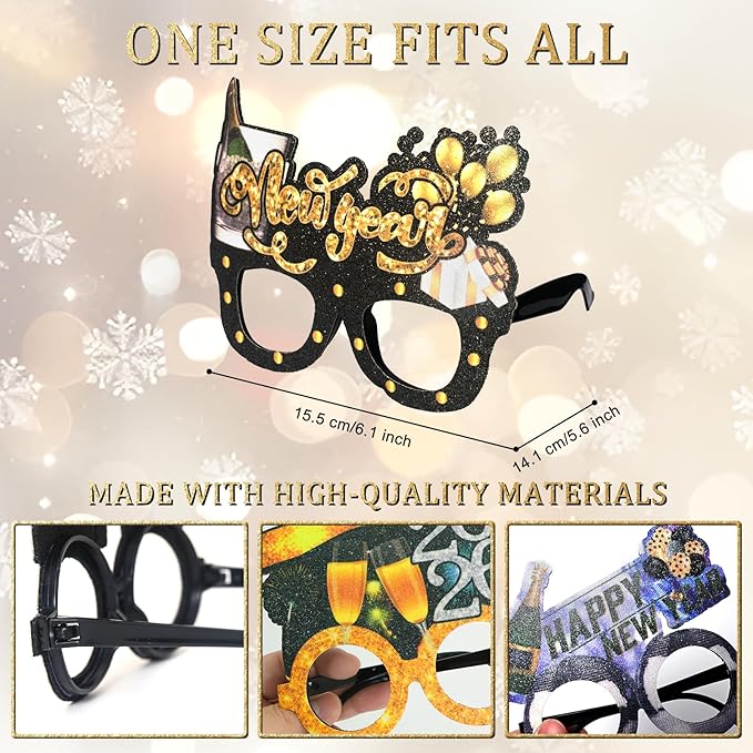 Mega-L 12 Pcs Happy New Year Eyeglasses, 2026 New Year Glasses, New Year Party Supplies Favors, Black Gold Silver Glitter New Year Photo Booth Props for Eve Party Celebration Decorations 2026
