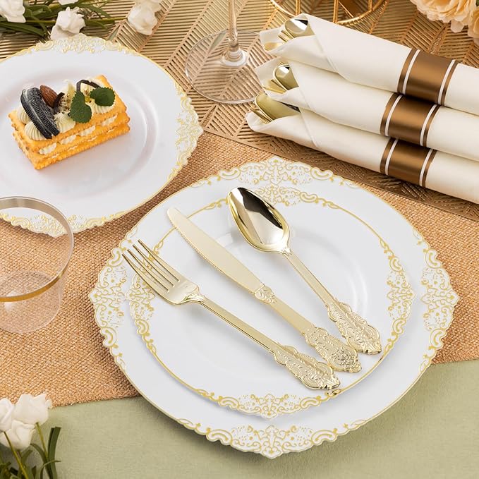 50 Pack Gold Plastic Silverware with Pre Rolled Napkins for 50 Guests, Heavyweight Gold Disposable Utensils Sets Includes 150 Plastic Cutlery, and 50 Napkins for Party & Wedding