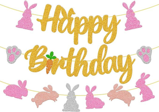 Bunny Birthday Banner Rabbit Bday Party Decorations Bunny Paw Ears Carrot Easter's Day Theme for Kids Boy Girl Baby Shower Party Supplies (Gold)