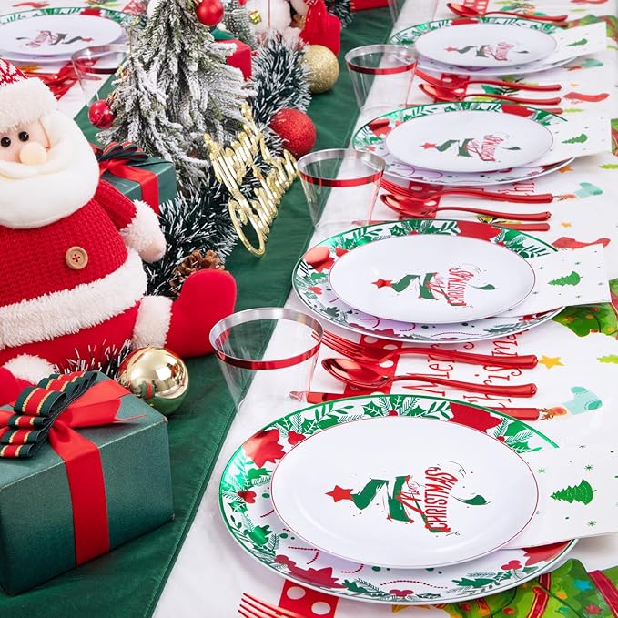 GATHER 176 Pieces Christmas Plastic Plates - Heavy Duty Christmas Disposable Dinnerware Set include 50 Plates, 75 Red Plastic Silverware, 25 Napkins, 25 Cups and 1 Tablecloth for Xmas Party