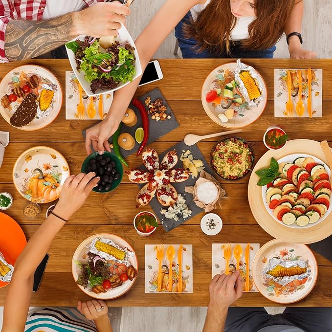 WinTS 170 pcs Thanksgiving Plates Set for 24 Guests,9" x 7" Thanksgiving Themed Party Disposable Dinnerware Set Thanksgiving Pumpkin Dinner Paper Plates for Harvest Autumn Holiday Fall Party