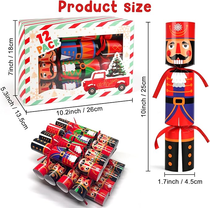 12 Pack Non-Snap Christmas Table Party Favors with Party Hats Joke Little Gifts for Kids Adults, Christmas Cute Nutcracker Characters Design, Xmas Seasonal Holiday Dinner Traditions Supplies