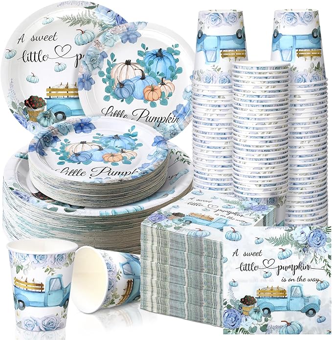 Hsei 250 Pcs a Little Pumpkin Plates and Napkins Party Decorations Disposable Tableware Sets Baby Shower Birthday Party Supplies Serves 50 Guests Dinnerware Baby Bridal Shower Favors