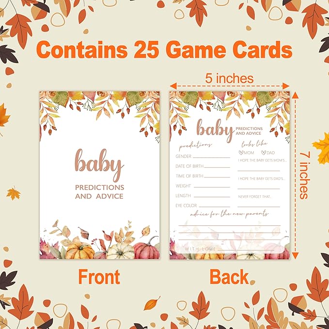 Baby Prediction and Advice Cards, Autumn Baby Shower Games Cards, Thanksgiving Boy or Girl Baby Gender Reveal Party Favors Decorations and Supplies, 25 Pcs Double-Sided - E02