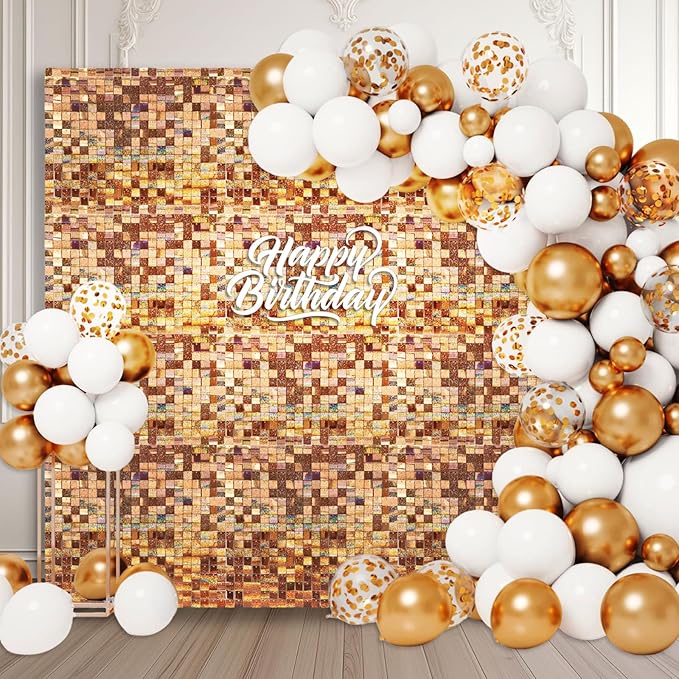36 PCS Champagne Shimmer Wall Backdrop, Laser Square Sequin Photo Backdrops Panel, Glitter Wall Background for Birthdays, Weddings, Halloween, Engagements, Disco Bachelorette Party Decoration (6x6FT)