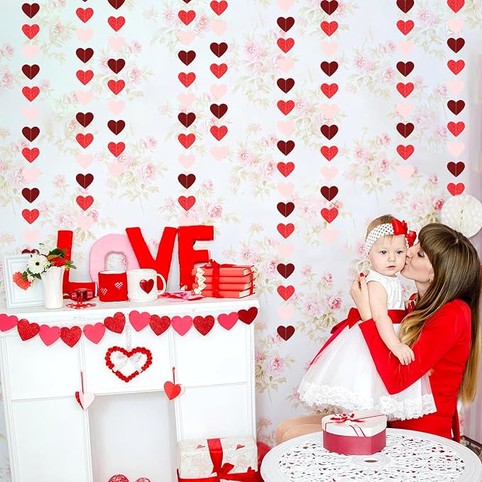 Party Decorations Pink-Red Heart-Garland - 52ft Burgundy Proposal Special Night Galentines Hanging Streamers Banner,Girl Romantic Wedding Anniversary Baby Bridal Shower Engagement Decor