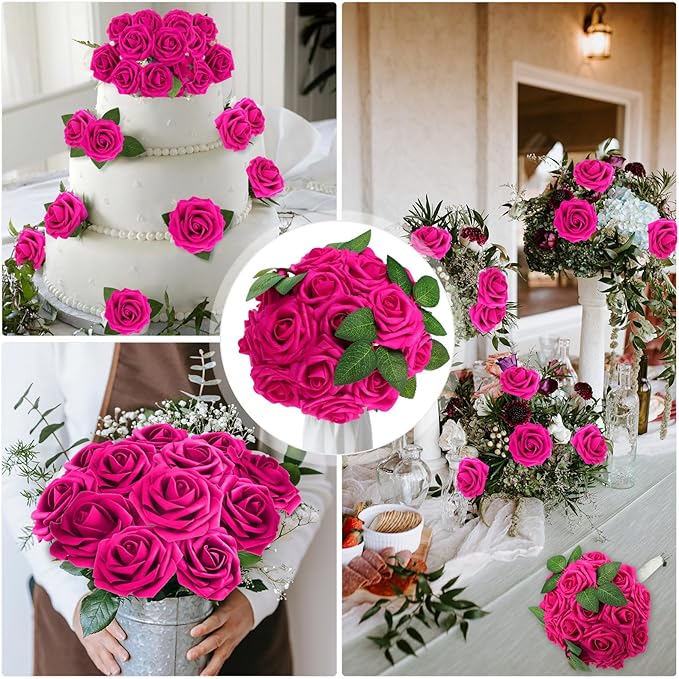 100 Pieces Artificial Foam Rose Flowers Faux Bouquet with Leaves and Stems for DIY Wedding Bouquets Centerpieces Bridal Shower Party Valentine Home Decorations(Hot Pink)