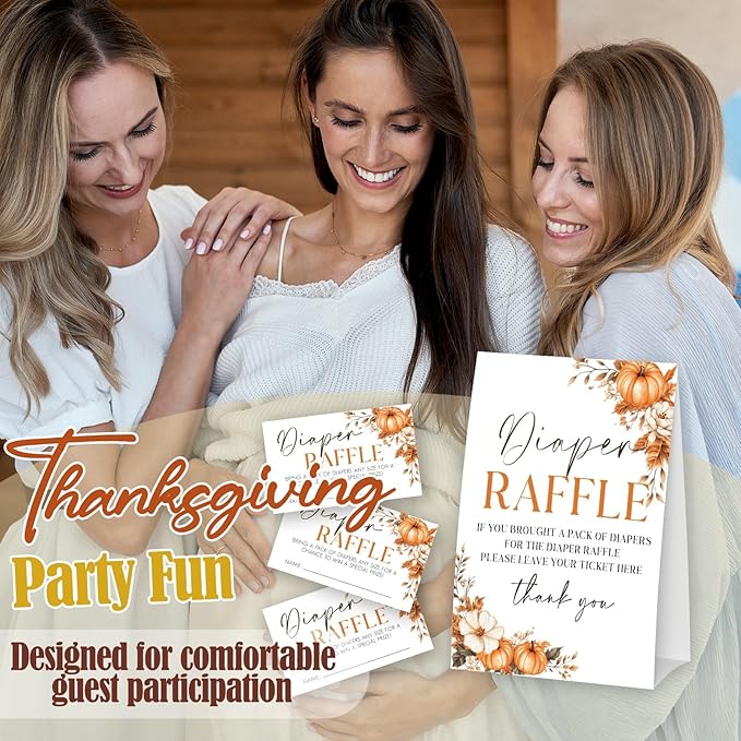 Autumn Pumpkin Diaper Raffle Tickets and Sign, Thanksgiving Baby Shower Card Set (1 Sign and 50 Cards), Fall Gender Reveal Party Favor Supplies -A04