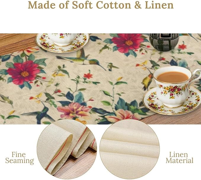 Summer Bird Floral Table Runner,Spring Birds Table Runner Burlap Table Decoration for Seasonal Home Kitchen Dining Dinner Indoor Holiday Farmhouse Decor 13x70 Inch