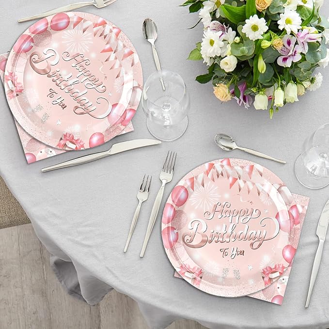 40Pcs Rose Gold Birthday Party Decorations Plates and Napkins Pink Happy Birthday Tableware Set for Girls Women Serve 20 Guests