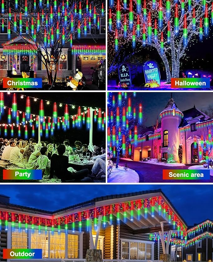 Christmas Lights Outdoor UL Certified Meteor Shower Light 16 Inch 20 Tubes 960 LED Falling Rain Drop Icicle Snow Cascading Lighting for Xmas Tree Wedding Party Garden Decoration, Colorful