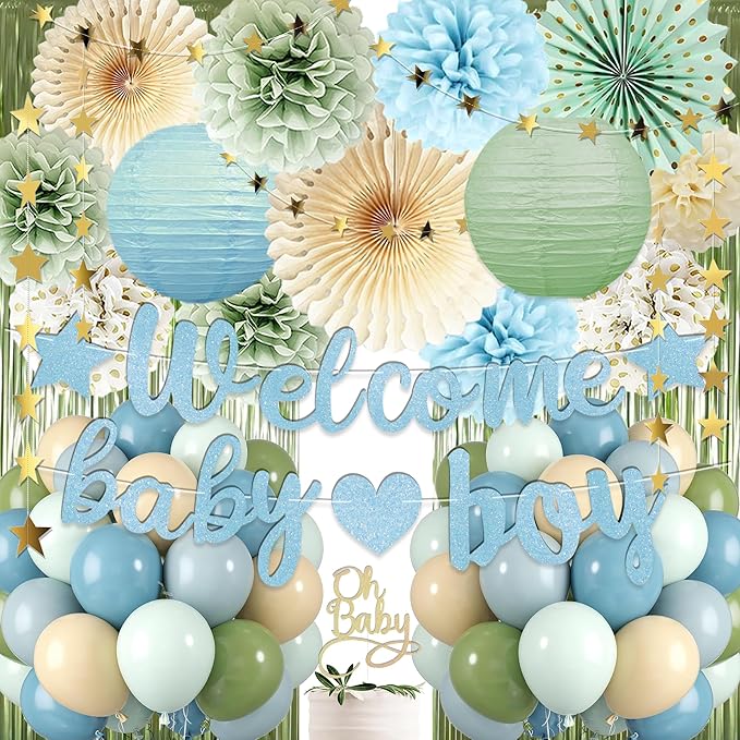 Dusty Blue Sage Green Baby Shower Decorations -Welcome Baby Boy Banner, Retro Sea-blue Green Balloons, 'Oh Baby' Cake Topper, Pom Poms Flowers Paper Fan For Birthday Jungle Boho Blue-Party Décor