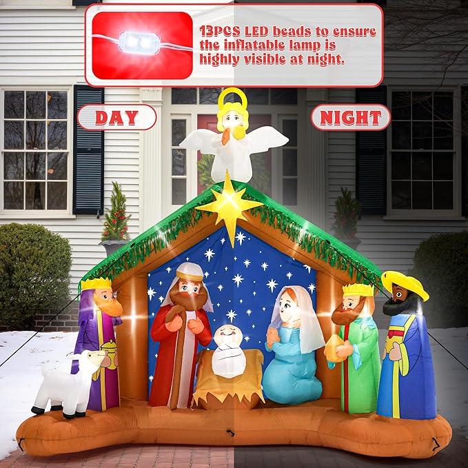 10FT Christmas Inflatables Decor, Blow Up Christmas Nativity Scene, LED Lighted The Birth of Jesus Scene Inflatables Decor, Outdoor Inflatable Decorations for Xmas Yard Lawn Patio