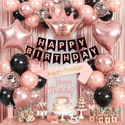 Rose Gold Birthday Decorations - Black & Rose Gold Balloons, Happy Birthday Banner, Sash, Cake Topper, Fringe Curtain & Foil Balloons for Girls' Party Supplies
