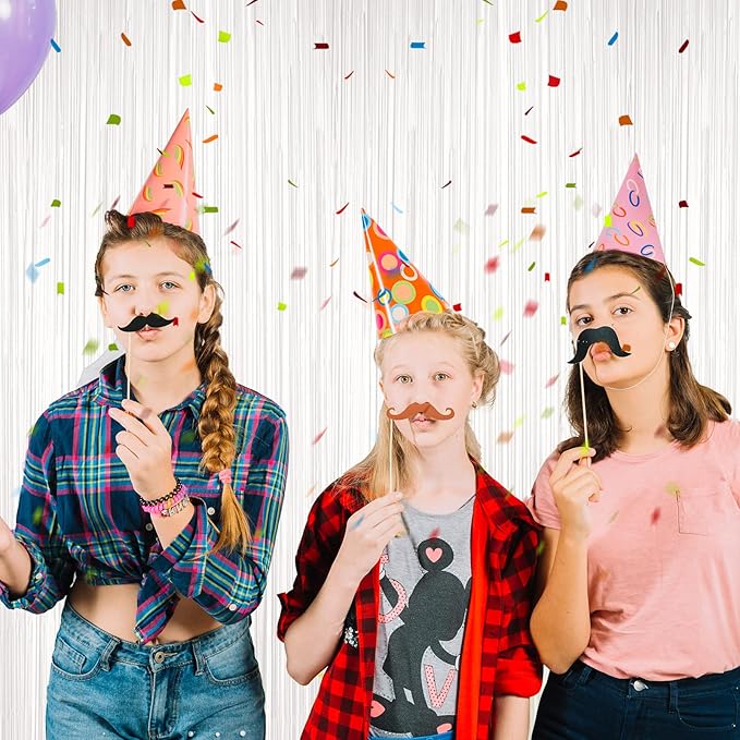 2 Pack White Tinsel Foil Fringe Curtains, White Party Decorations, Metallic Tinsel Party Streamers Backdrop for Birthday Baby Shower Graduation Wedding Anniversary Party Decorations