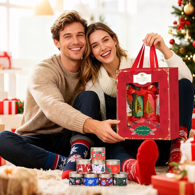 MOVINPE 8 Pack Christmas No Snap Party Table Favors, 10” Christmas Table Decorations with Scented Candles, Paper Crown, Joke Card, Traditions Holiday Family Dinner Gift Set