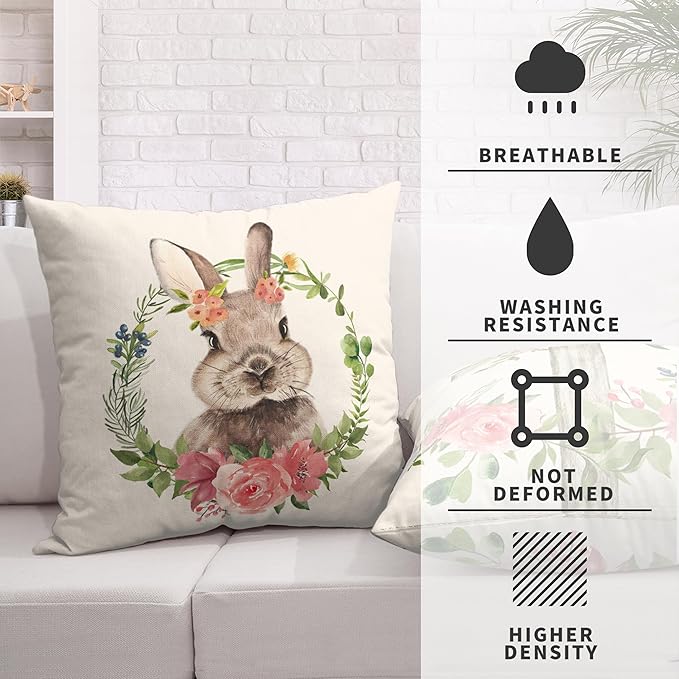 Easter Cross Floral Cushion Case Bunny Floral Garland Throw Pillow Case Spring Cotton Linen Square Pillow Covers 20x20 for Indoor Outdoor Sofa Car Set of 2