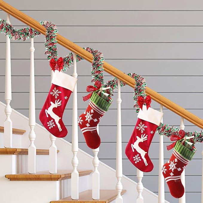 50 Ft Green Red Silver Christmas Tinsel Garland Metallic Twist Shiny Hanging Garland for Christmas Tree Decorations Xmas Holiday Indoor Outdoor Party Supplies Decor