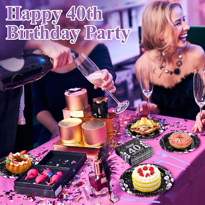 Pickmesh 400 Pcs 40th Birthday Party Supplies Purple Black Happy 40th Birthday Decorations Include Disposable Paper Plates Napkins Cups Cutlery for Men Women Party Serve 50