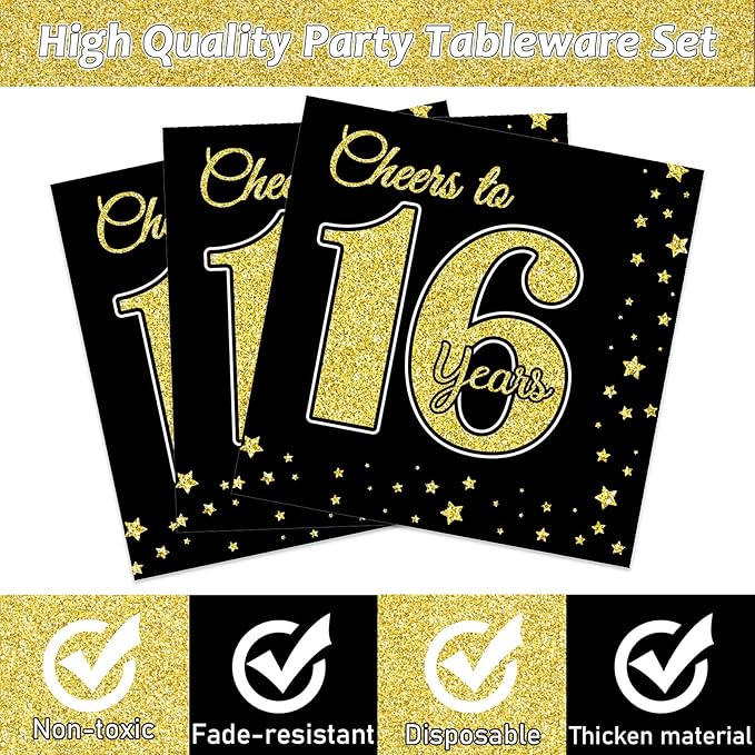 96 Pcs 16th Birthday Party Supplies for 24 Guests Cheers to 16 Years Tableware Table Decorations Black Gold 16th Birthday Plates Napkins Dinnerware for Boys Girls 16 Years Old Birthday Party Favor
