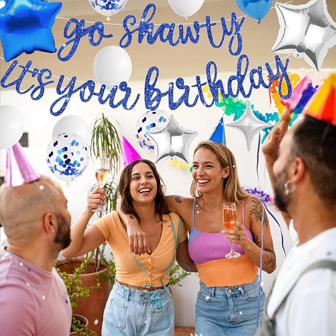 Blue Go Shawty It's Your Birthday Banner Balloons Set, Glitter Happy Birthday Banner with Blue Silver Confetti Balloon Star Foil Balloon for Boys Man Hip Hop Rap Theme Birthday Party Decorations