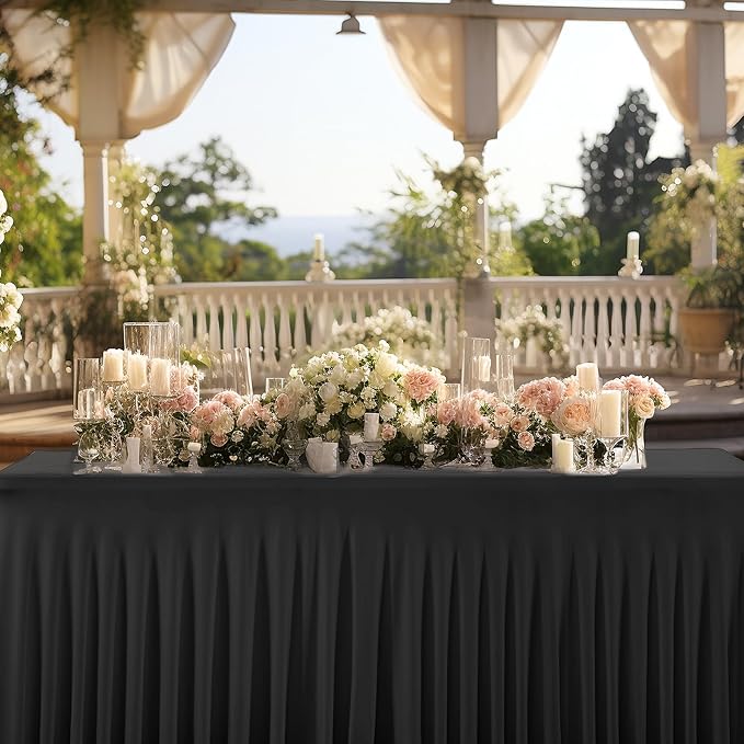 1 Pack Black Table Clothes for 6 Foot Rectangle Tables, One-Piece Wrinkle Resistant Stretch Spandex Table Covers with Skirt for Event Banquet Wedding Birthday Party