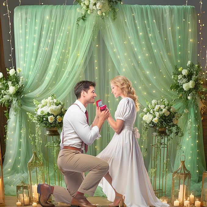 30ft x 10ft Green Backdrop Curtain with Lights String for Parties, Sheer Tulle Wedding Photo Backdrops Drapes for Baby Shower Birthday Party Decorations Background for Photography