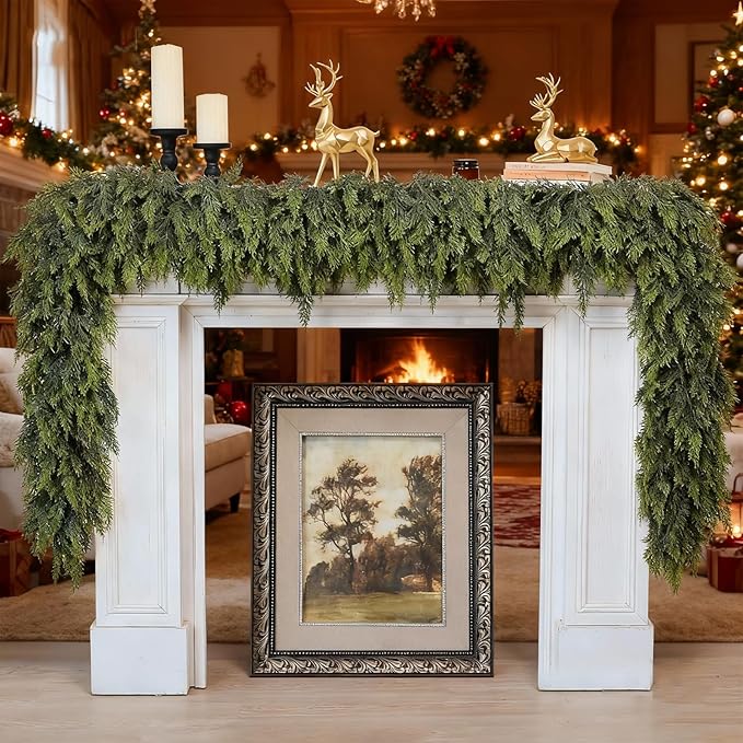 Bdor 2Pcs 6ft Artificial Cedar Garland for Christmas Decoration – Realistic Faux Greenery Garland with Dense Pine Branches for Fireplace Mantel, Staircase, Doorway, Indoor Outdoor Holiday Decor