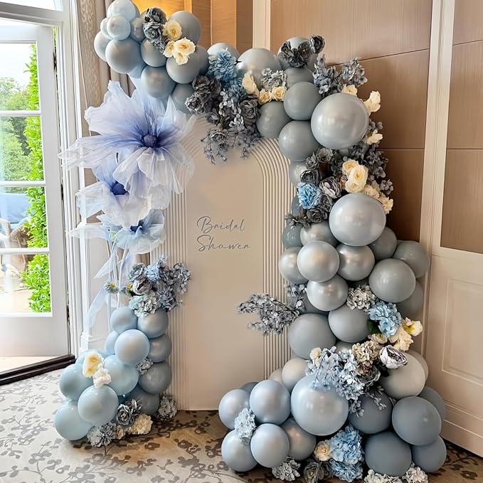 Dusty Blue White Balloons, Double Stuffed Pearl Light Baby Metallic Slate Blue Pearl Sand White Balloon, 50 Pcs Winter Wonderland Balloons for Baby Shower Birthday Bridal Shower Wedding Decorations