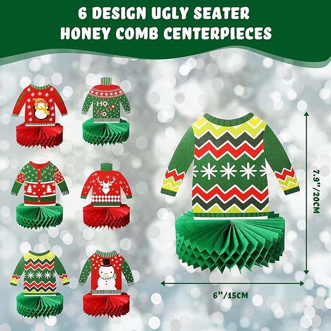 Christmas Ugly Sweater Party Decorations Honeycomb Centerpieces for Christmas Sweater Party 3D Table Topper Decorations Ugly Cutouts Merry Christmas Winter Holidays Supplies, 6 Styles