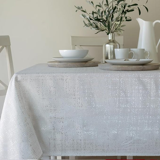 Benson Mills Gold Mine Foil Printed Fabric Table Cloth, Holiday, Winter, Thanksgiving, and Christmas Tablecloth (60" x 84" Rectangular, Gold Mine Ivory/Silver)