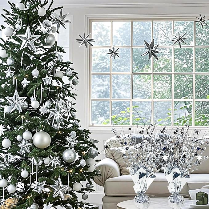 6 Pack Metallic Foil Spray Centerpiece Star Table Decoration Burst Glitter Tabletop Centerpieces for Birthday Christmas New Years Nye Wedding Graduation Holiday Party Supplies Decor, Silver