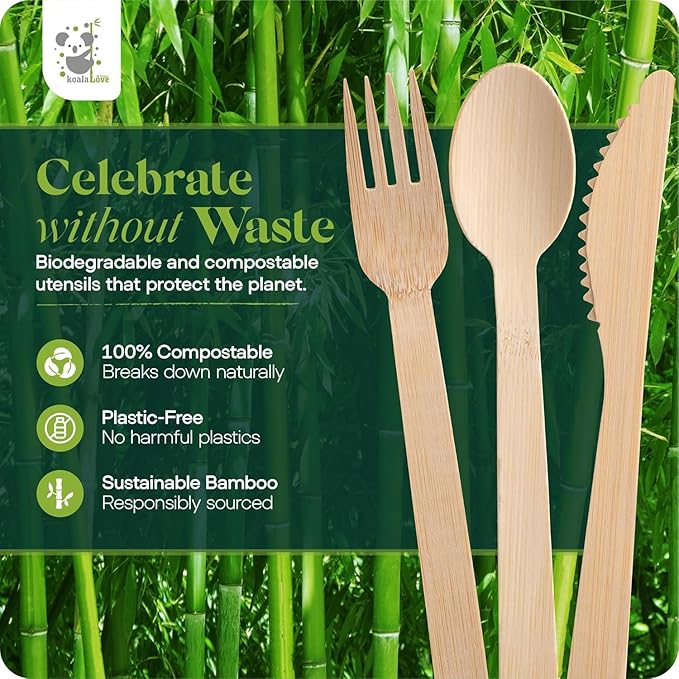 Pre Rolled Napkin and Bamboo Cutlery Set - 100 Pack Bamboo Utensils Wooden Cutlery 100 Forks 100 Knives 100 Spoons 100 Napkins, Pre Wrapped Disposable Silverware Cutlery for Party, Wedding, Events