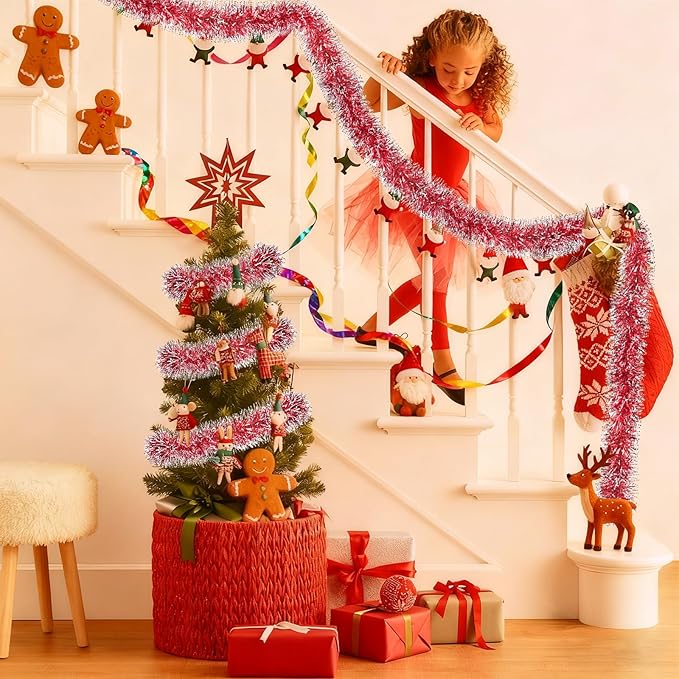 50Ft Christmas Tinsel Garland, Red Snowflake Metallic Twist Garland for Xmas Tree Decorations, Tinsel for New Year Party Ceiling Hanging Decorations Indoor and Outdoor Decor