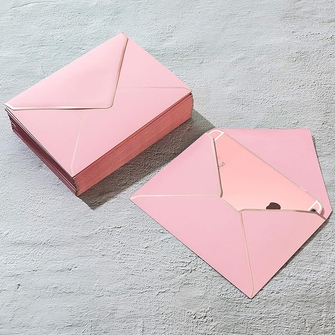 100 Pack A7 Envelopes 5 x 7 Card Envelopes V Flap with Gold Border for Office, Wedding Gift Cards, Invitations, Graduation, Baby Shower, Parties (Pink, 5.32 x 7.28 Inches)