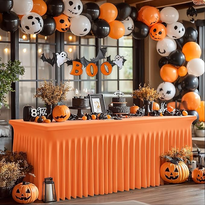1 Pack Orange Table Clothes for 8 Foot Rectangle Tables, One-Piece Wrinkle Resistant Stretch Spandex Table Covers with Skirt for Event Banquet Wedding Birthday Party