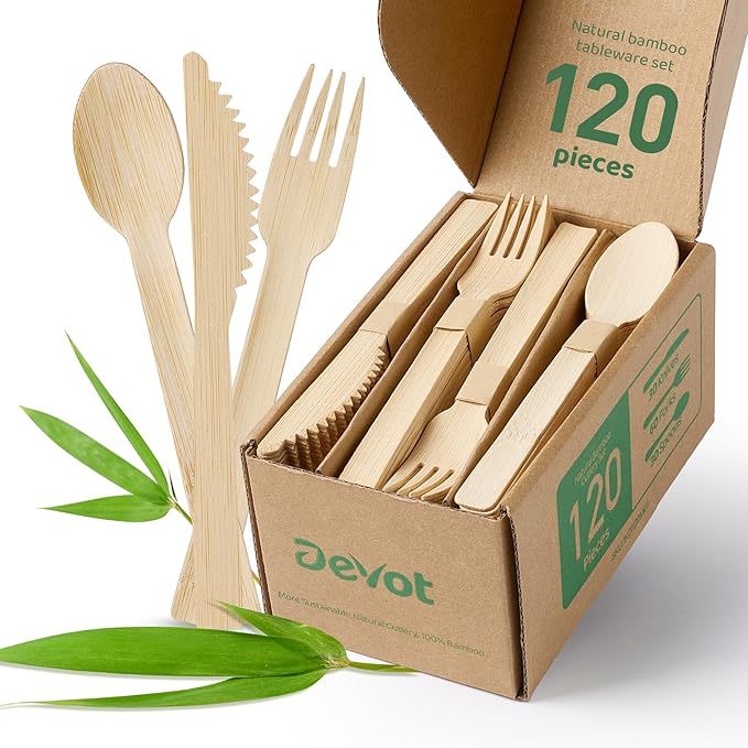 Devot 100% Natural Bamboo Disposable Cutlery Set - 120 Mix (30 Knives, 60 Forks, 30 Spoons) 6.7", Eco Friendly Utensils, Biodegradable, Compostable and Perfect For Weddings, Camping, Party