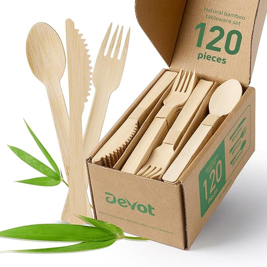 Devot 100% Natural Bamboo Disposable Cutlery Set - 120 Mix (30 Knives, 60 Forks, 30 Spoons) 6.7", Eco Friendly Utensils, Biodegradable, Compostable and Perfect For Weddings, Camping, Party