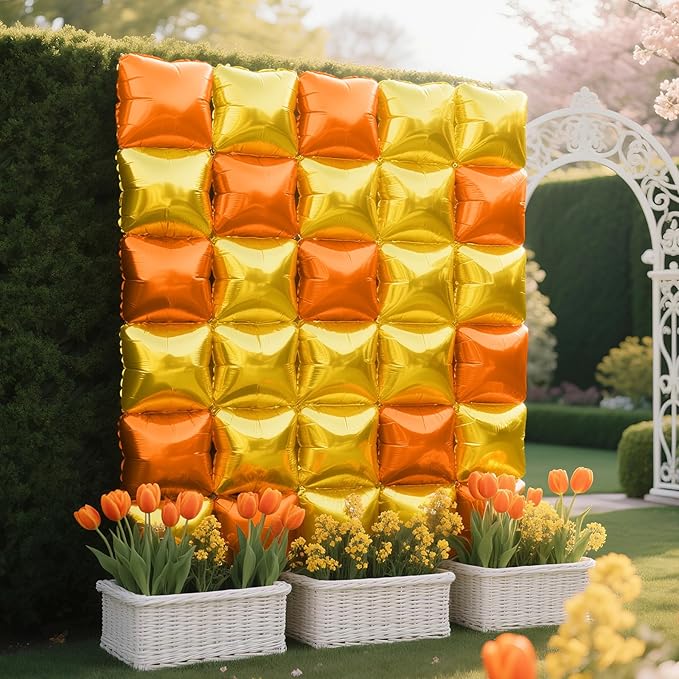 NISOCY 25PCS Orange Gold Square Foil Balloons Wall Backdrop Metallic Autumn Fall Balloons Tunnel Arch Kit for Thanksgiving Friendsgiving Birthday Halloween Baby Shower Fall Color Party Decorations